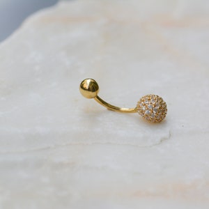14K Gold Belly Ring, Gold Ball Charm, Pave beads navel ring, 14k gold navel ring, Simple Belly Button Rings, floating navel piercing,