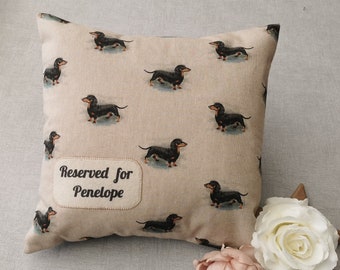 Reserved For, Personalised Dachshund Cushion, Pet Memorial Gift With Name, Present For Sausage Dog Owner, Country Linen Style New Home Gift