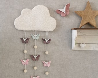 Boucle Soft Teddy Fleece Cloud Nursery Decor, Soft And Fluffy Personalised Cloud Wall Hanging, Origami Butterfly Nursery Mobile Baby Girl