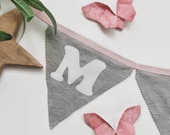 Playroom Bunting, Grey Jersey, White Pink Cotton Fabric, Personalised Girls Nursery Banner Flags, New baby gift For Granddaughters bedroom