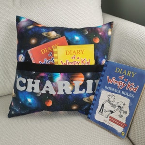 Space Themed Reading Cushion, Personalised Cushion With Book Pocket, Young Bookworm Space Explorer Pillow, Astronomy Cushion, Kids Playroom