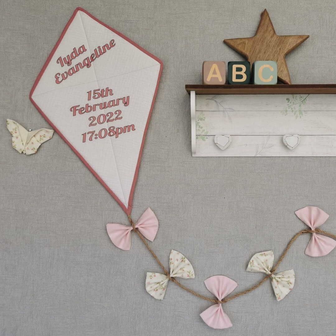 Kite Birth Details, Baby Girl Pink and White Name Sign, Baby Name Print