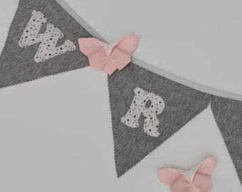 Bunting Pink And Grey jersey, bunting flags for bedroom, Personalised Baby Room garland banner with baby pink origami butterflies