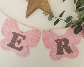 Felt Name Garland Nursery, Pink Butterfly Shape Banner For Granddaughter Playroom, Personalise Baby Name Sign For New Baby, Welcome To World