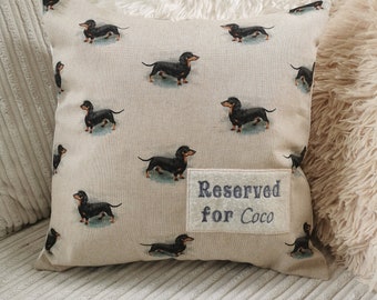 Reserved For, Personalised Dachshund Cushion, Pet Memorial Gift With Name, Present For Sausage Dog Owner, Country Linen Style New Home Gift