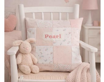 Personalised Baby Clothes Memory Pillow, With Date of Birth Embroidery, Patchwork Keepsake Cushion