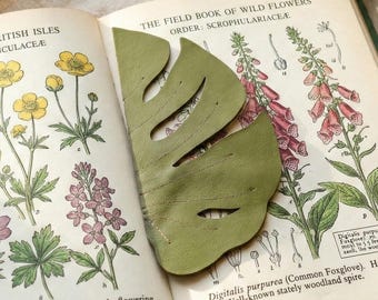Monstera Leaf Bookmark, Olive Green Faux Leather, Laser Cut Botanical Book Lover Gift