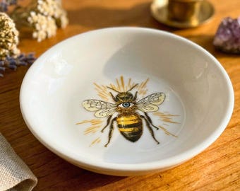 Mystical Bee Ring Dish | Witchy Ceramic Trinket Dish | Vintage Collage Jewelry Dish | Beekeeper Gift | Celestial Decor