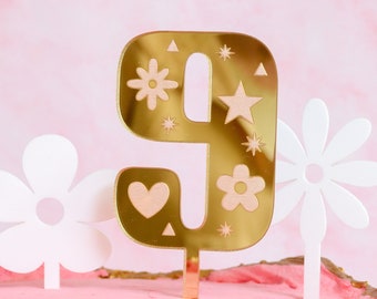 90s Retro Number Cake Topper Gold Mirror Acrylic Laser Cut Flower Heart Doodle Retro Birthday Age Topper