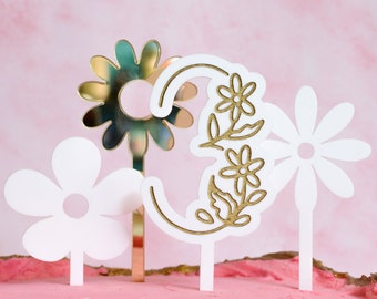 Daisy Age Cake Topper White and Gold Floral Cake Number Food Safe Acrylic with Stake Birthday Cake Topper Daisy Flower