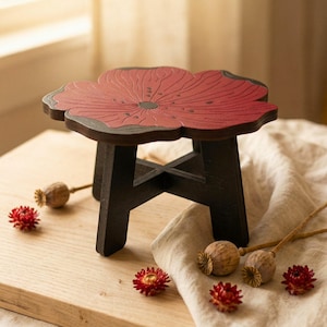 Red Poppy Wooden Plant Stand Stool – Water-Resistant Flower Riser Shelf
