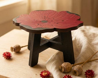 Red Poppy Wooden Plant Stand Stool – Water-Resistant Flower Riser Shelf