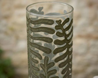 Botanical Fern Glass Vase | Dark Olive Green Cylinder Home Decor