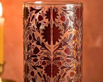 Red Floral Glass Cylinder Vase | Botanical Pattern Home Decor (7in)