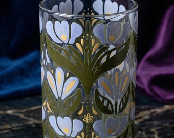 Art Nouveau Floral Glass Vase | Periwinkle, Olive, Gold Home Decor
