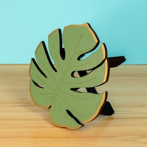 Monstera Leaf Plant Stand - 5" Green Wood Plant Holder with Gold Accents - Fits 4" Pots