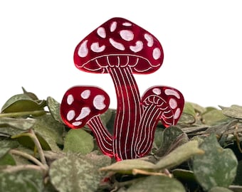 Whimsical Mushroom Plant Stakes - Red Mirror Acrylic Set of 2