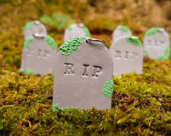 Clay Mossy Gravestone Earrings | Tombstone Earrings | Grave Earrings | Handmade Clay Earrings |Halloween Earrings