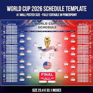 Tableau mural du calendrier de la Coupe du monde 2026 Modèle imprimable et entièrement modifiable, tableau des matchs de football, tableau des résultats de la Coupe du monde 2026,
