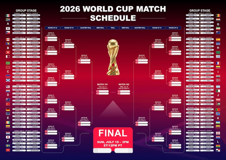 2026 FIFA World Cup Wall Chart Digital Download, FIFA World Cup 2026 Schedule Template,