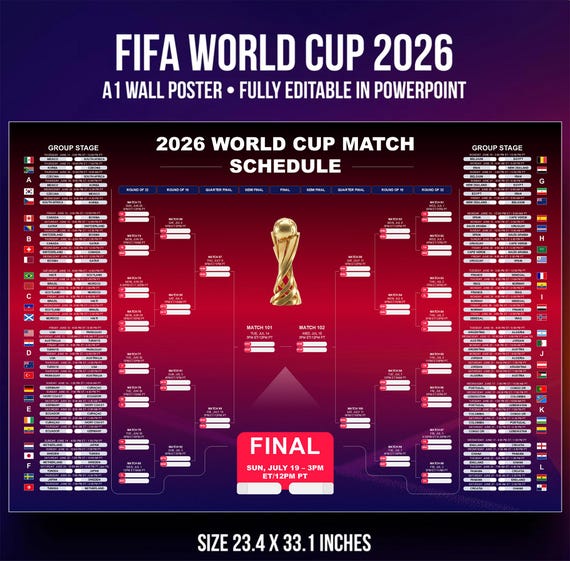 2026 FIFA World Cup Wall Chart Digital Download, FIFA World Cup 2026 Schedule Template,