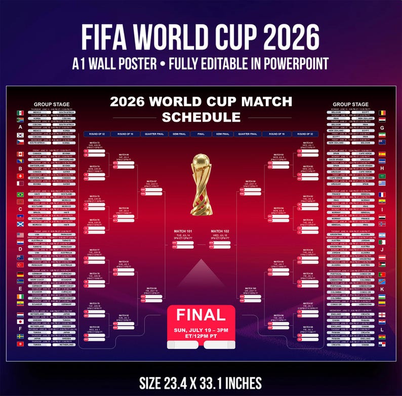 2026 FIFA World Cup Wall Chart Digital Download, FIFA World Cup 2026 Schedule Template,