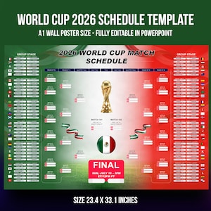 May include: A green, red, and white World Cup 2026 schedule template poster. The poster includes the text "World Cup 2026 Schedule Template" and "2026 World Cup Match Schedule". The poster is 59.4 x 84.1 cm in size.