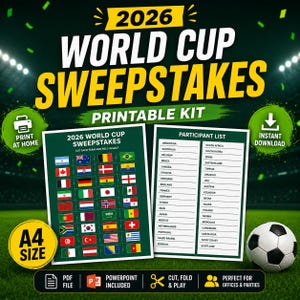 Op de afbeelding: Een printbare set voor de 2026 World Cup sweepstakes met twee A4-vellen. Eén vel toont een raster met nationale vlaggen, het andere een deelnemerslijst. Het ontwerp bevat de tekst 2026 WORLD CUP SWEEPSTAKES PRINTABLE KIT.