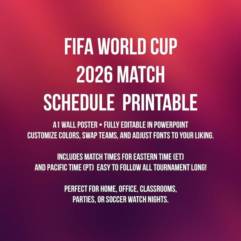 2026 FIFA World Cup Wall Chart Digital Download, FIFA World Cup 2026 Schedule Template,