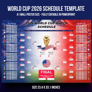 Peut inclure: Un modèle d'affiche pour le calendrier de la Coupe du Monde 2026. Le design présente un code couleur rouge, blanc et bleu avec le texte "2026 World Cup Match Schedule". L'affiche mesure 59,4 x 84,1 cm.