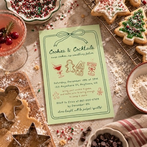 May include: A light green rectangular invitation card with dark green text and red line art illustrations. The text reads Cookies & Cocktails, swap cookies, sip something festive, Saturday, December 19th at 7PM, 123 Anywhere St, Anytown, US.