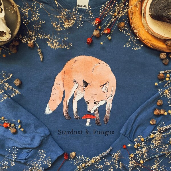 Fox and Amanita Mushroom Stardust & Fungus Long Sleeve Unisex Shirt (Ocean Blue)