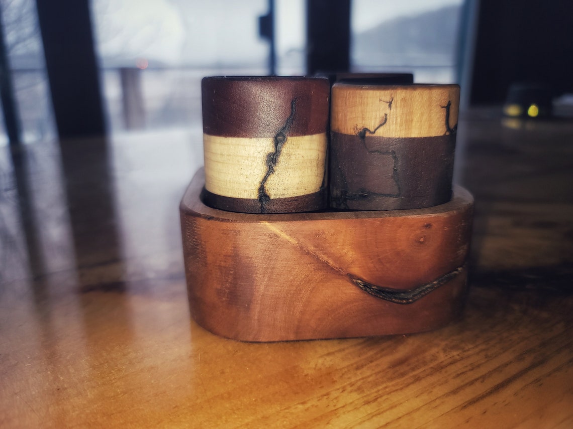 Set of four wooden shot glasses and tray Etsy