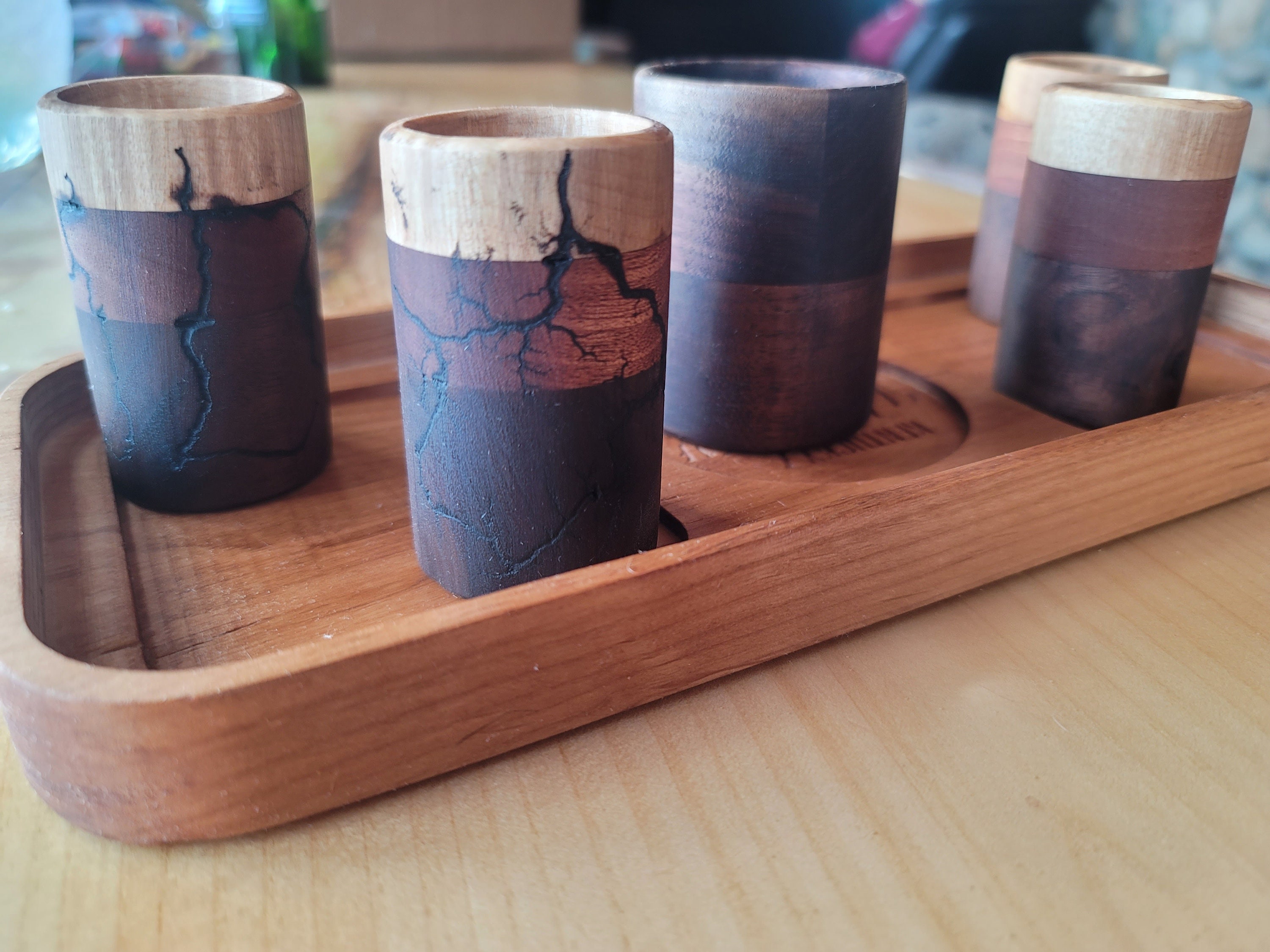 Set of Four Wooden Shot Glasses Tumblr and Tray Etsy