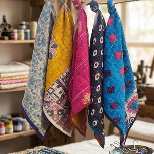 May include: A collection of colorful, patterned fabric squares hanging from a string. The squares feature various designs in blue, yellow, pink, and navy, with visible stitching. The background includes a wooden shelf with spools of thread and a table with a patterned runner.