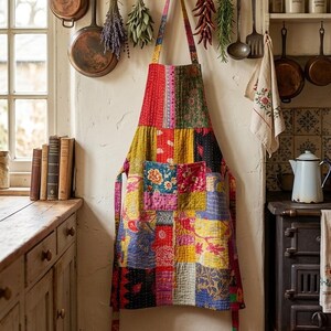 Peut inclure: Un tablier patchwork coloré avec divers motifs floraux et géométriques. Le tablier est suspendu dans une cuisine avec des casseroles en cuivre, des herbes séchées et un poêle vintage. Le tablier a une grande poche.