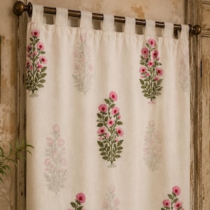 Panneau à pattes de boutonnage à imprimé floral rose, rideau de fenêtre en coton, tentures ferme bohème, décoration de maison de campagne rustique, rideau botanique
