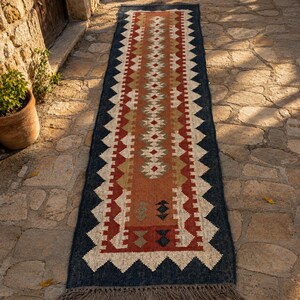 Handmade Geometric Kilim Runner Rug Modern Boho Carpet Scandinavian Style Long Hallway Wool Jute Stair Runner Rug Home Decor Rustic