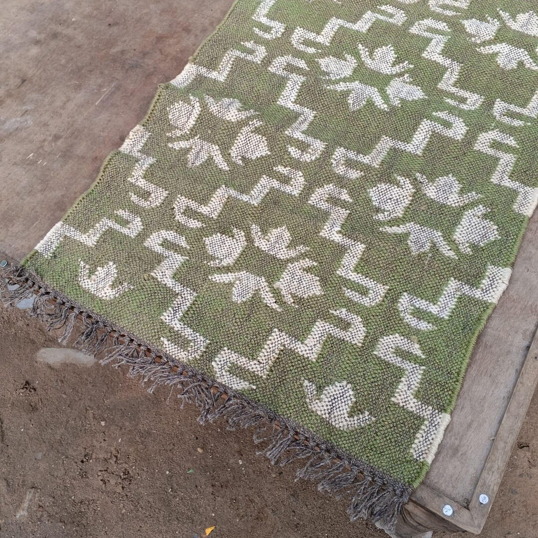 Handwoven Olive Green Kilim Runner Rug, Moroccan Tribal Carpet, Vintage ...