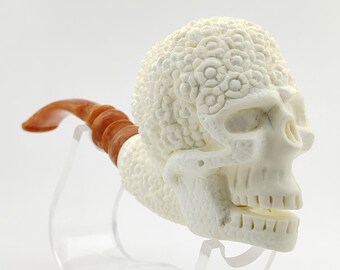 Floral Skull Meerschaum Pipe,Block Meerschaum,Unique Meerschaum Pipes,With Case