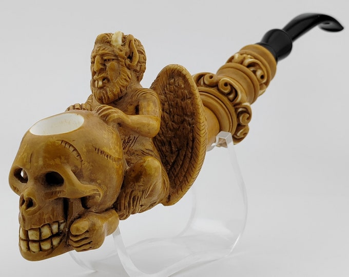 Featured listing image: Devil with Skull Meerschaum Pipe,Block Meerschaum,Unique Meerschaum Pipes,With Case,Demon Skull Meerschaum Pipe