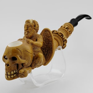 Pipa di schiuma di mare del diavolo con teschio,Pipa di schiuma di mare a blocchi,Pipa di schiuma di mare unica,Con custodia,Pipa di schiuma di mare con teschio demoniaco