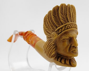 American Indian Warrior Chief Meerschaum Pipe,Block Meerschaum,Unique Meerschaum Pipes,With Case
