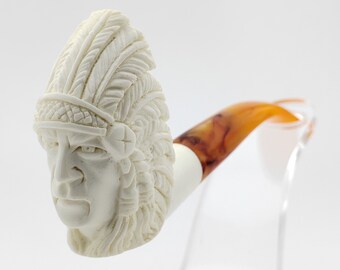 American Indian Warrior Chief Meerschaum Pipe,Block Meerschaum,Unique Meerschaum Pipes,With Case