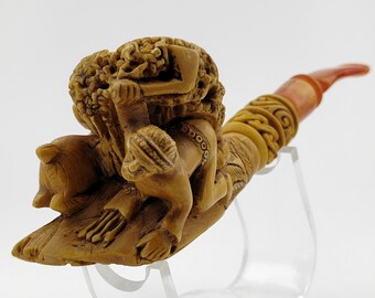 American Indian Warrior Chief Hunting Goat  Meerschaum Pipe,Block Meerschaum,Unique Meerschaum Pipes,With Case,Pfeife