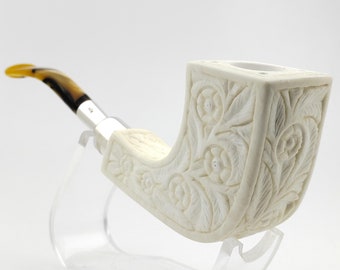 Floral Horn Silver Spigot Meerschaum Pipe,Block Meerschaum,Unique Meerschaum Pipes,With Case