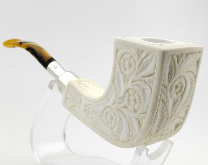 Featured listing image: Floral Horn Silver Spigot Meerschaum Pipe,Block Meerschaum,Unique Meerschaum Pipes,With Case