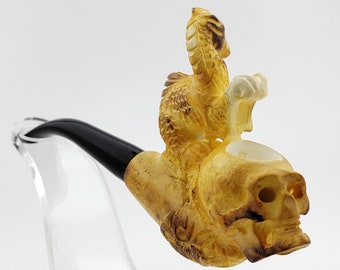 Skull and Dragon Meerschaum Pipe,Block Meerschaum,Unique Meerschaum Pipes,With Case