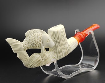 Fish Meerschaum Cigarette Holder,Block Meerschaum,Unique Meerschaum Pipes,With Case,Zodiac Pisces