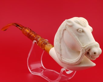 Mustang Horse Meerschaum Pipe,Block Meerschaum,Unique Meerschaum Pipes,With Case,Long Stem,11 inch Pipe,Birthday Gift,Gift for him